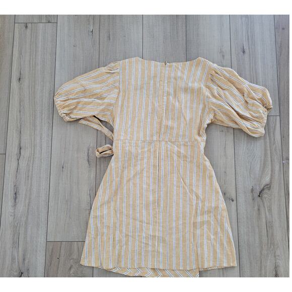 ZARA Linen Blend Striped Yellow/White Mini Cut Out Tie Waist Dress Women Sz L - Picture 11 of 15